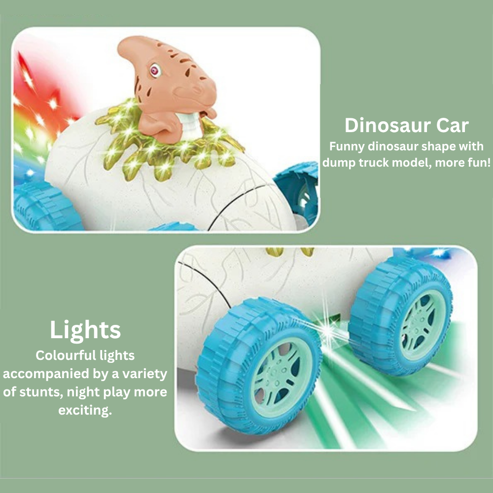 Dinosaur Stunt Car Toy with LED Lights and Music – 360° Rotating Dino Car with Bump and Go Action, Battery Operated Toy for Kids