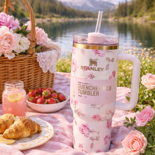 Stanley Quencher White Floral Print Love Shack Fancy Box H2.0 1.18L Insulated Tumbler with Handle & Straw – Stainless Steel Travel Mug | Hot & Cold Vacuum Flask