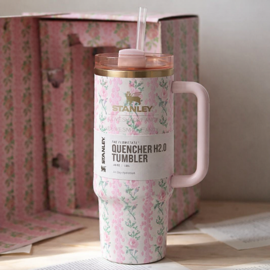 Stanley Quencher Floral Pink and Green Love Shack Fancy Box H2.0 1.18L Insulated Tumbler with Handle & Straw – Stainless Steel Travel Mug | Hot & Cold Vacuum Water Bottle