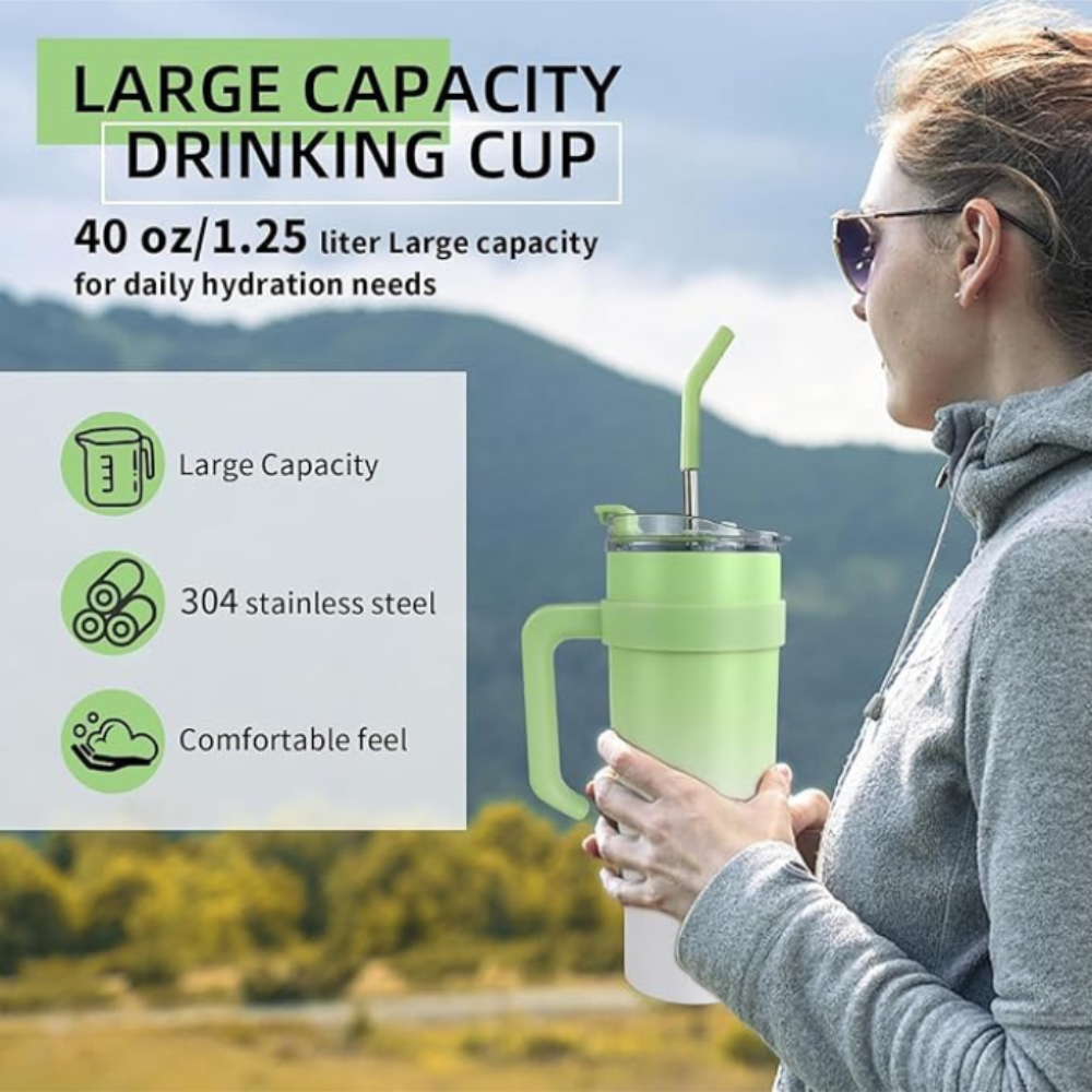 Shining Green Insulated Tumbler with Handle & Straw – Leak-Proof 1.18L Style Travel Cup for Iced Coffee, Water & Smoothies