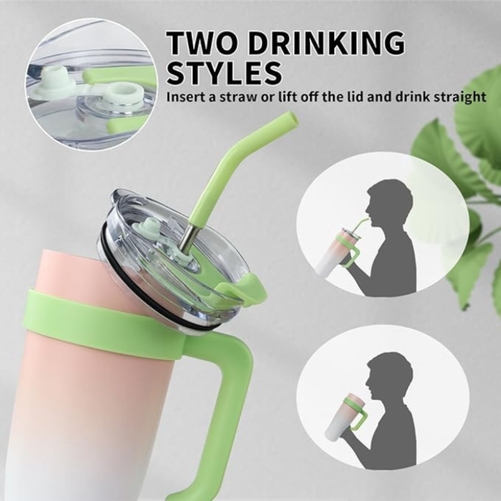 Baby Pink Insulated Tumbler with Handle & Straw 1.18L – Cute Sticker Travel Cup for Iced Coffee, Water & Smoothies