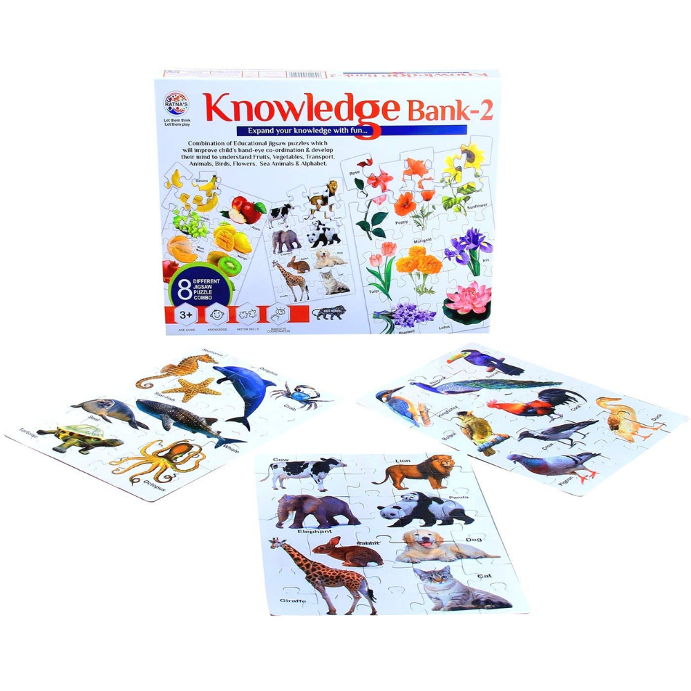 Knowledge Bank 2 Educational Puzzle Set – 8 Different Jigsaw Puzzle Combo with Fruits, Animals, Flowers, Transport and Learning Cards for Kids
