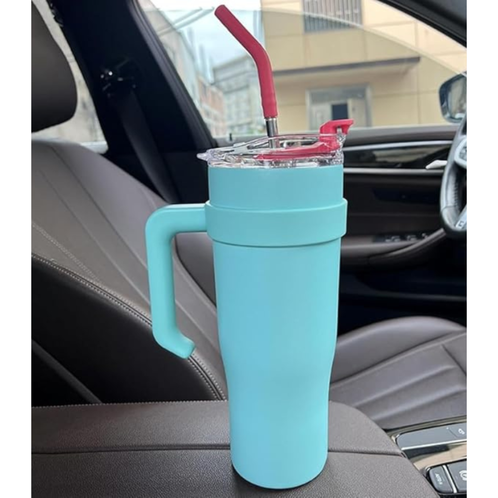 Lake Blue Insulated Tumbler With Sticker 1.18L with Handle & Straw – Cute Sticker Large Travel Cup for Iced Coffee, Water & Smoothies