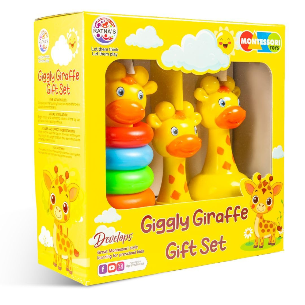 Giggly Giraffe Gift Set for Kids – Montessori Baby Toy Set with Stacking Rings & Rattle | Early Learning & Sensory Development Toy for Toddlers