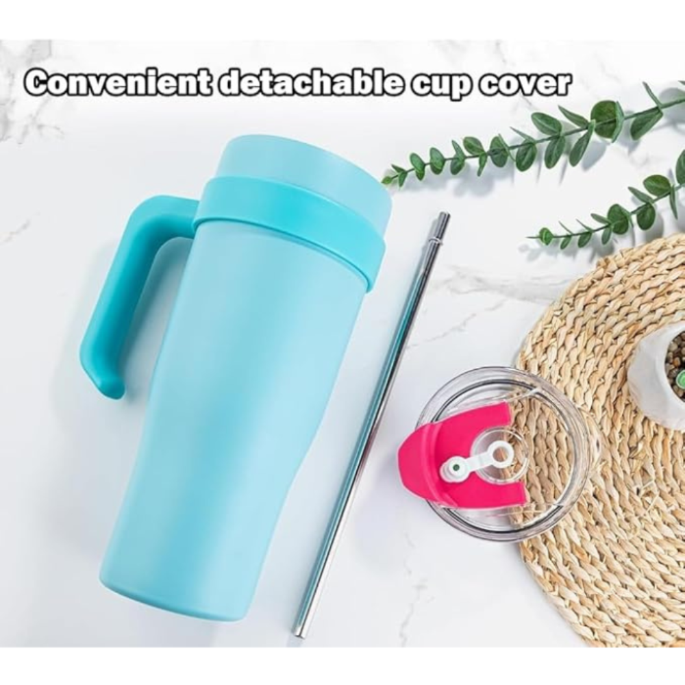 Lake Blue Insulated Tumbler With Sticker 1.18L with Handle & Straw – Cute Sticker Large Travel Cup for Iced Coffee, Water & Smoothies