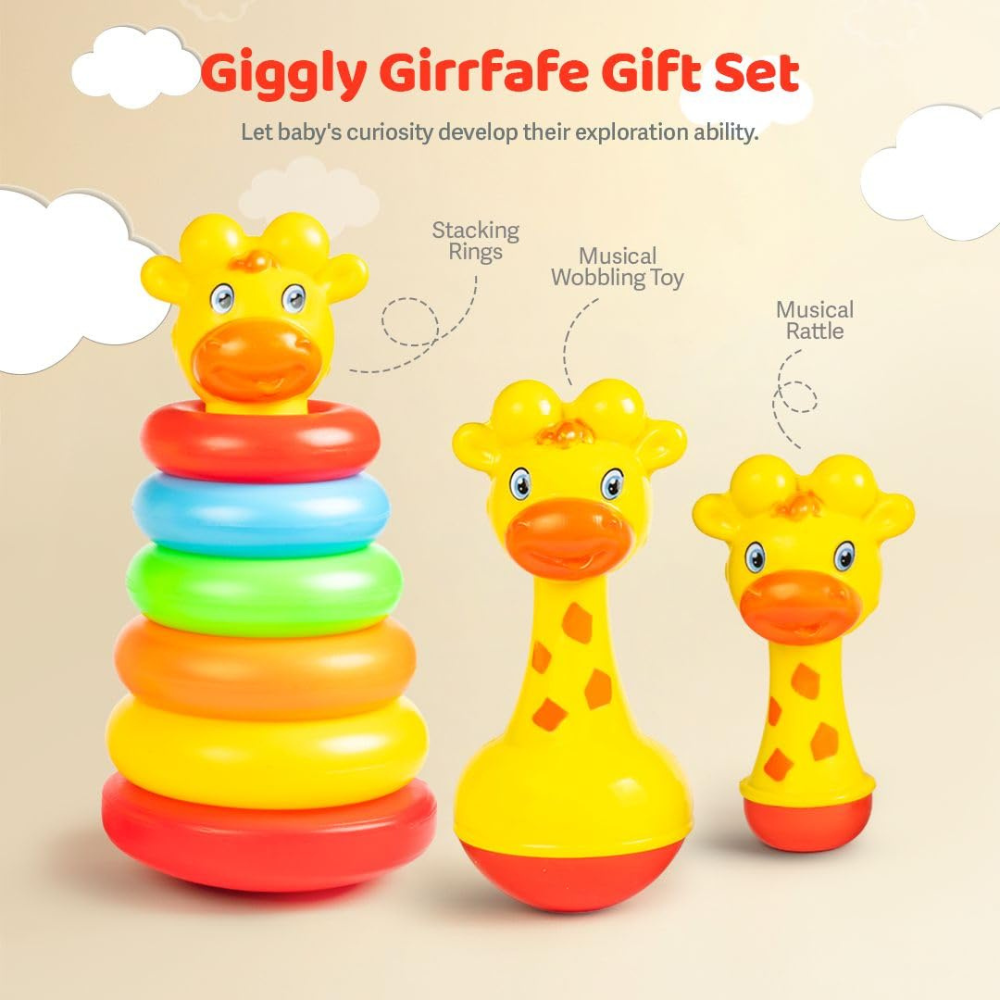 Giggly Giraffe Gift Set for Kids – Montessori Baby Toy Set with Stacking Rings & Rattle | Early Learning & Sensory Development Toy for Toddlers