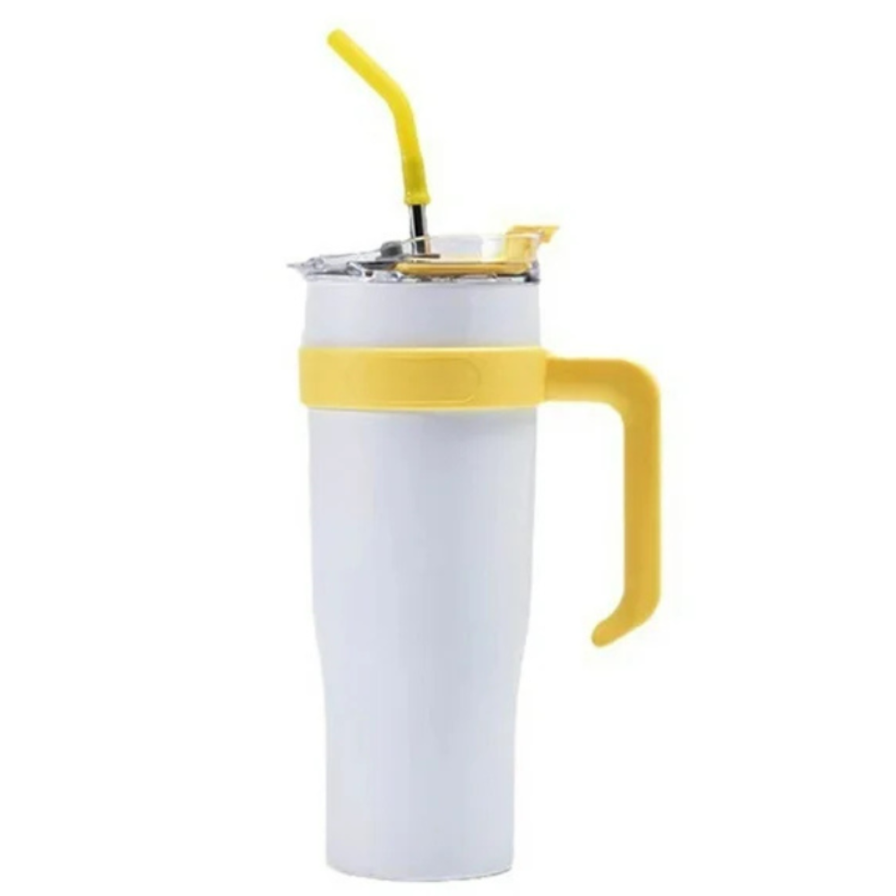 Shining Yellow Insulated Tumbler With Sticker 1.18L with Handle & Straw – Cute Sticker Large Travel Cup for Iced Coffee, Water & Smoothies