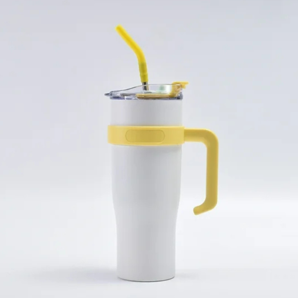 Shining Yellow Insulated Tumbler With Sticker 1.18L with Handle & Straw – Cute Sticker Large Travel Cup for Iced Coffee, Water & Smoothies