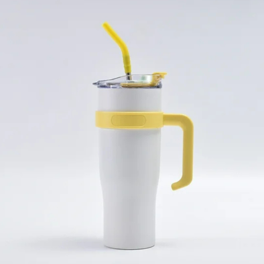 Shining Yellow Insulated Tumbler With Sticker 1.18L with Handle & Straw – Cute Sticker Large Travel Cup for Iced Coffee, Water & Smoothies