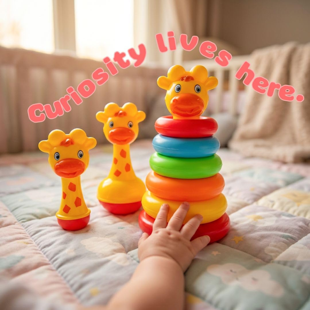 Giggly Giraffe Gift Set for Kids – Montessori Baby Toy Set with Stacking Rings & Rattle | Early Learning & Sensory Development Toy for Toddlers