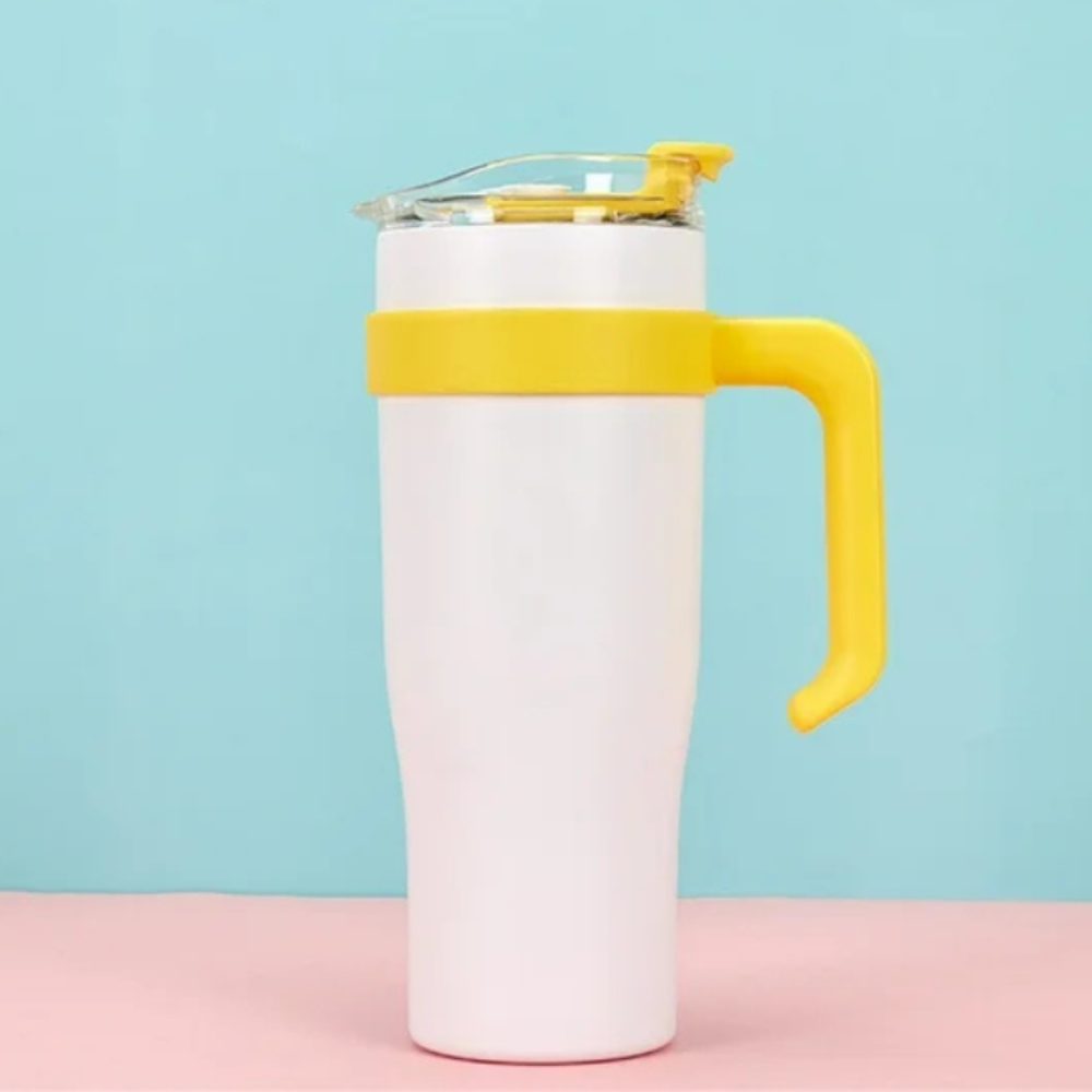 Shining Yellow Insulated Tumbler With Sticker 1.18L with Handle & Straw – Cute Sticker Large Travel Cup for Iced Coffee, Water & Smoothies