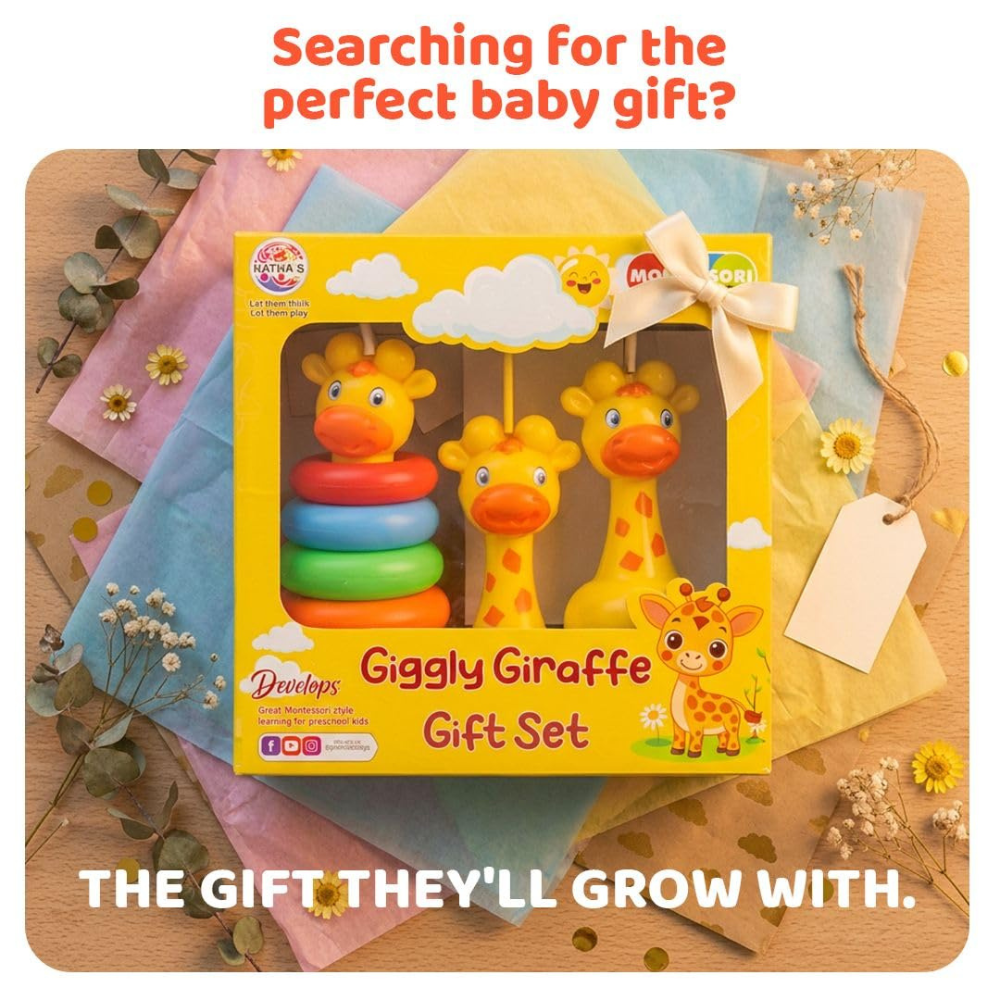 Giggly Giraffe Gift Set for Kids – Montessori Baby Toy Set with Stacking Rings & Rattle | Early Learning & Sensory Development Toy for Toddlers