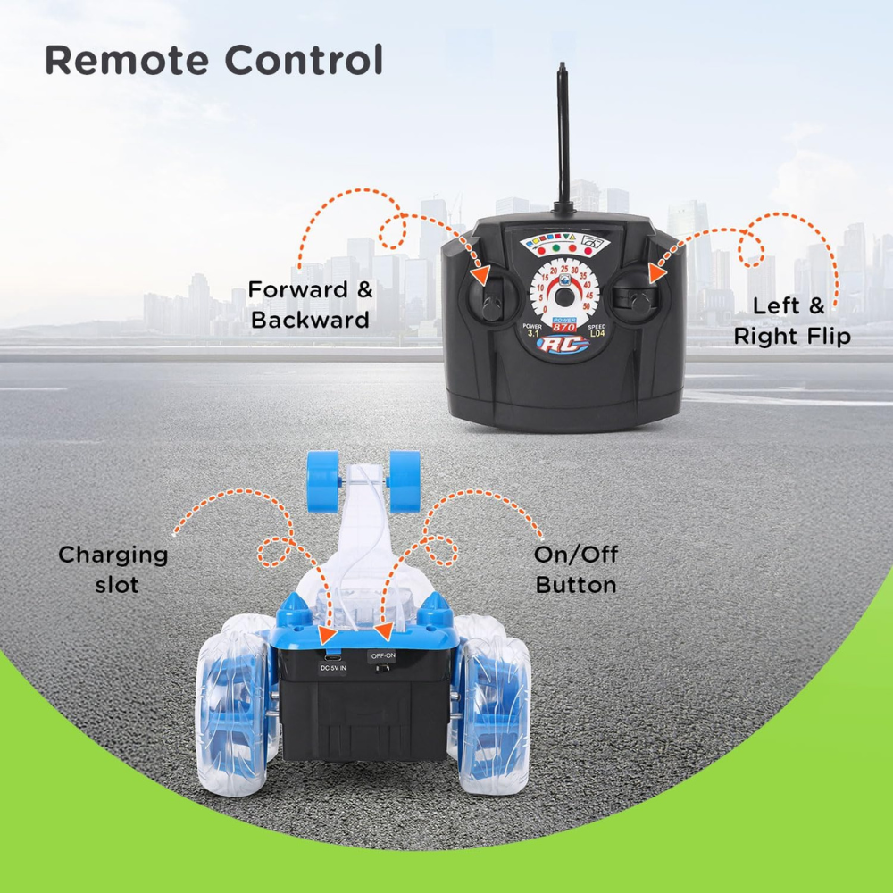RC Stunt Car 360° – Double Sided Remote Control Toy Car with LED Lights, 360 Flip Action, USB Rechargeable for Kids (Color as per Stock)