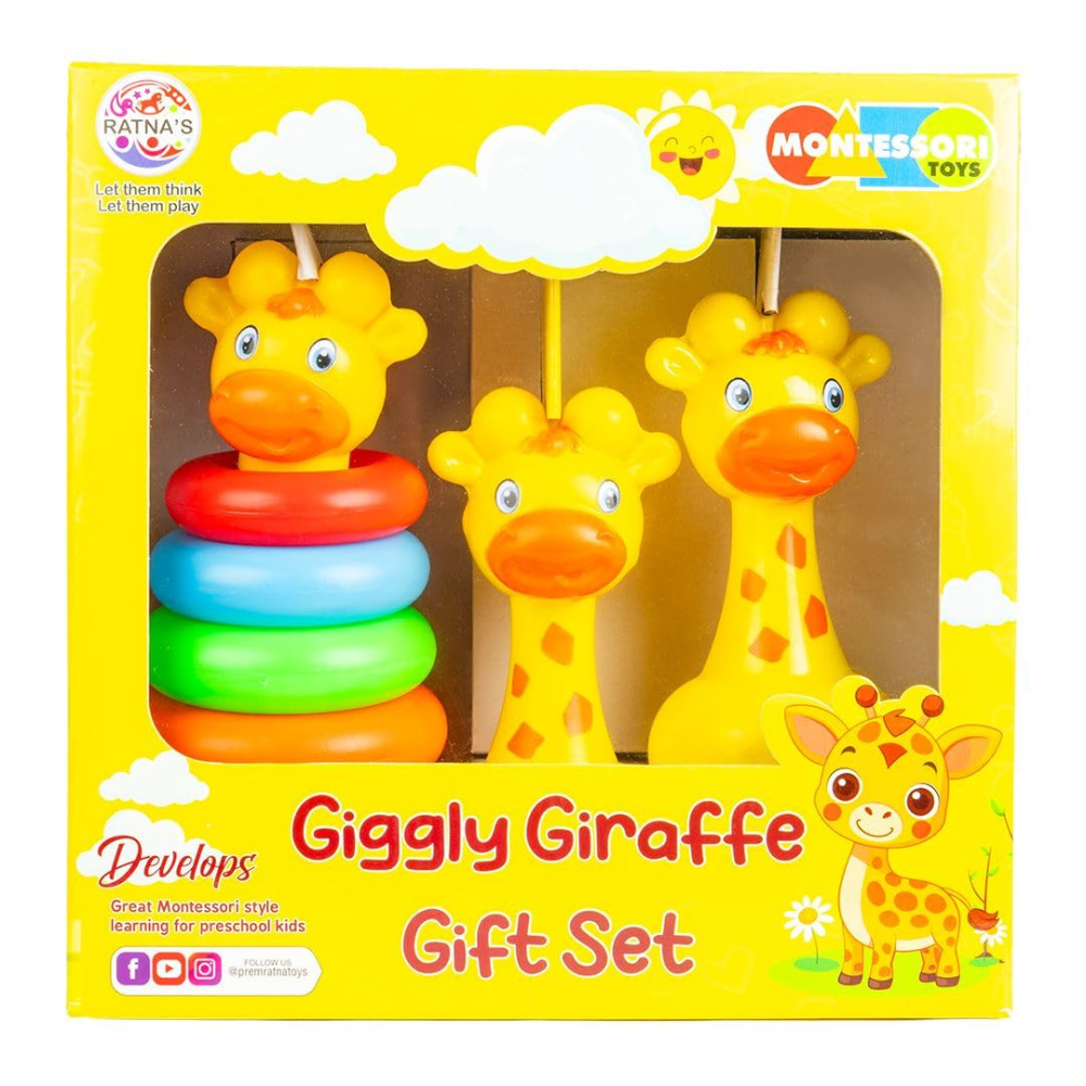 Giggly Giraffe Gift Set for Kids – Montessori Baby Toy Set with Stacking Rings & Rattle | Early Learning & Sensory Development Toy for Toddlers