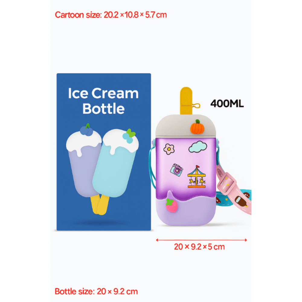 Ice Cream Kids Water Bottle with Straw And Belt 400ml | Cute Cartoon Leakproof Bottle for School, Travel & Outdoor
