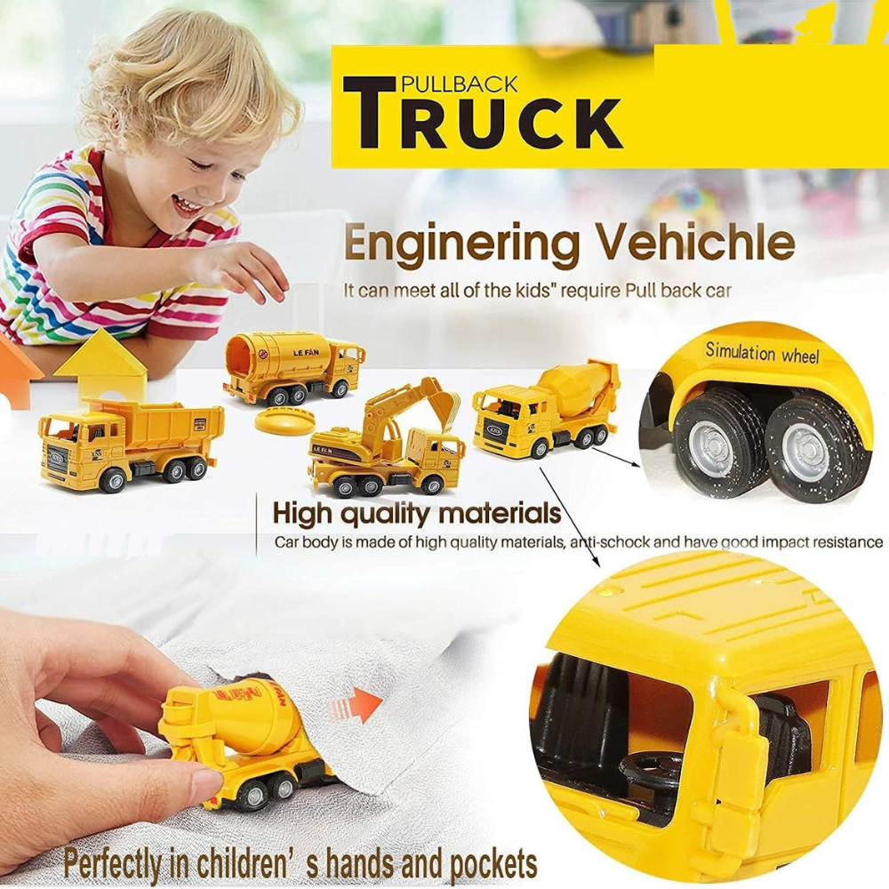 Engineering Pull Back Construction Truck Toy Set – Mini Excavator, Dump Truck, Cement Mixer & Fuel Tanker Vehicles for Kids 4PCS