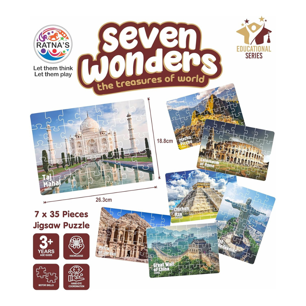 Seven Wonders of the World Jigsaw Puzzle Set – 7 x 35 Pieces Educational Puzzle for Kids | Geography Learning Toy for Toddlers & Children