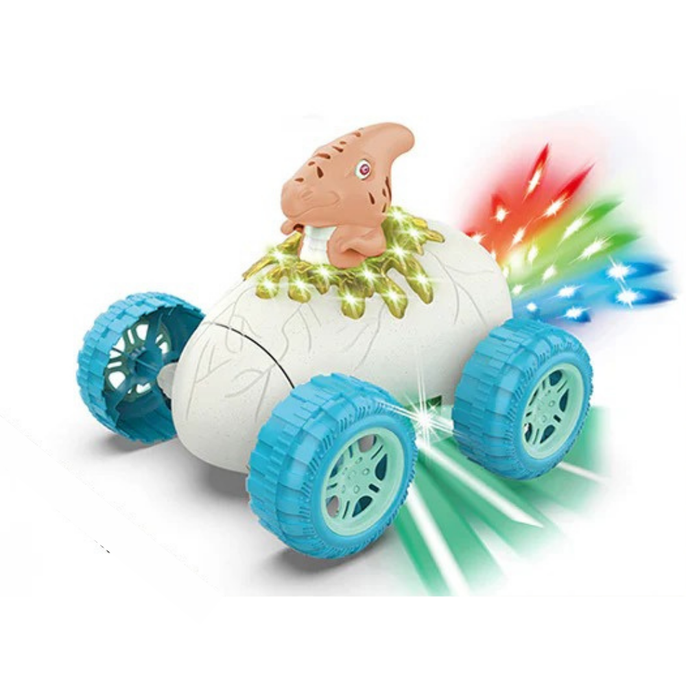 Dinosaur Stunt Car Toy with LED Lights and Music – 360° Rotating Dino Car with Bump and Go Action, Battery Operated Toy for Kids