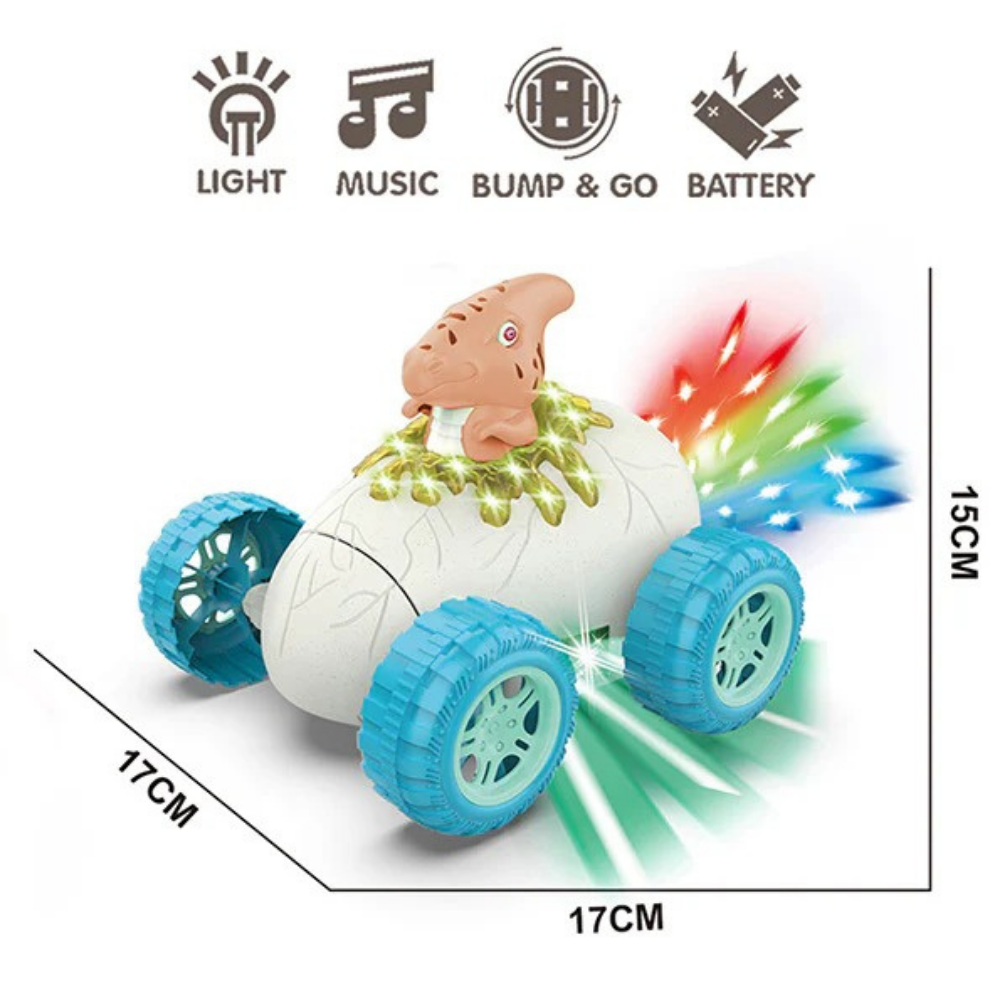 Dinosaur Stunt Car Toy with LED Lights and Music – 360° Rotating Dino Car with Bump and Go Action, Battery Operated Toy for Kids