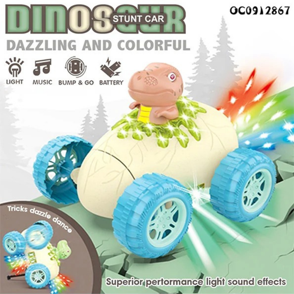 Dinosaur Stunt Car Toy with LED Lights and Music – 360° Rotating Dino Car with Bump and Go Action, Battery Operated Toy for Kids