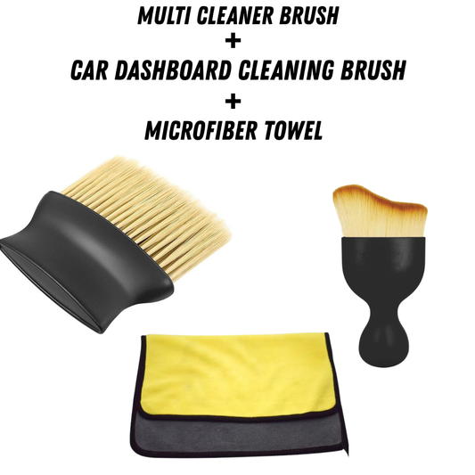 3-in-1 Car Cleaning Kit Combo | Microfiber Towel + Multi-Purpose Cleaning Brush + Dashboard Detailing Brush | Interior & Exterior Auto Cleaning Accessories Kit