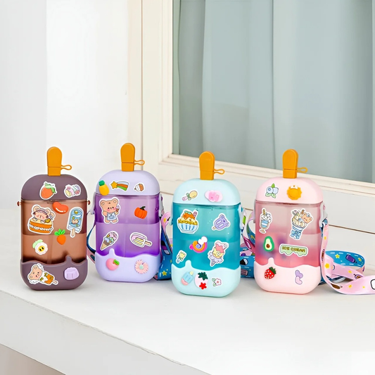 Ice Cream Kids Water Bottle with Straw And Belt 400ml | Cute Cartoon Leakproof Bottle for School, Travel & Outdoor