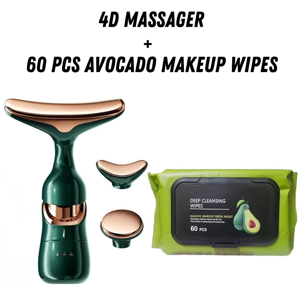 2-in-1 Facial Care Combo | 4D Electric Face Massager + 60 PCS Avocado Makeup Remover Wipes | Skin Tightening, Deep Cleansing & Glow Boosting Kit