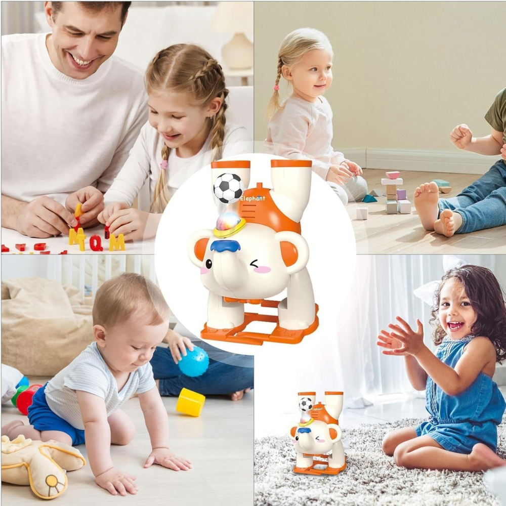 Musical Elephant Toy with Floating Ball – Light and Sound Upside Down Elephant with Air Blowing Ball, Walking Crawling Electric Toy for Kids 3+ Years Mix Colour