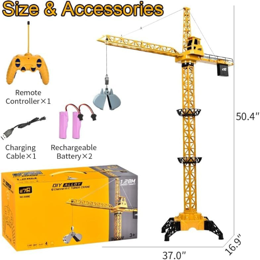 360° Tower Crane Toy with Remote Control – Construction Crane Set with Rotating Arm, Lifting Bucket, Battery Operated Building Toy for Kids