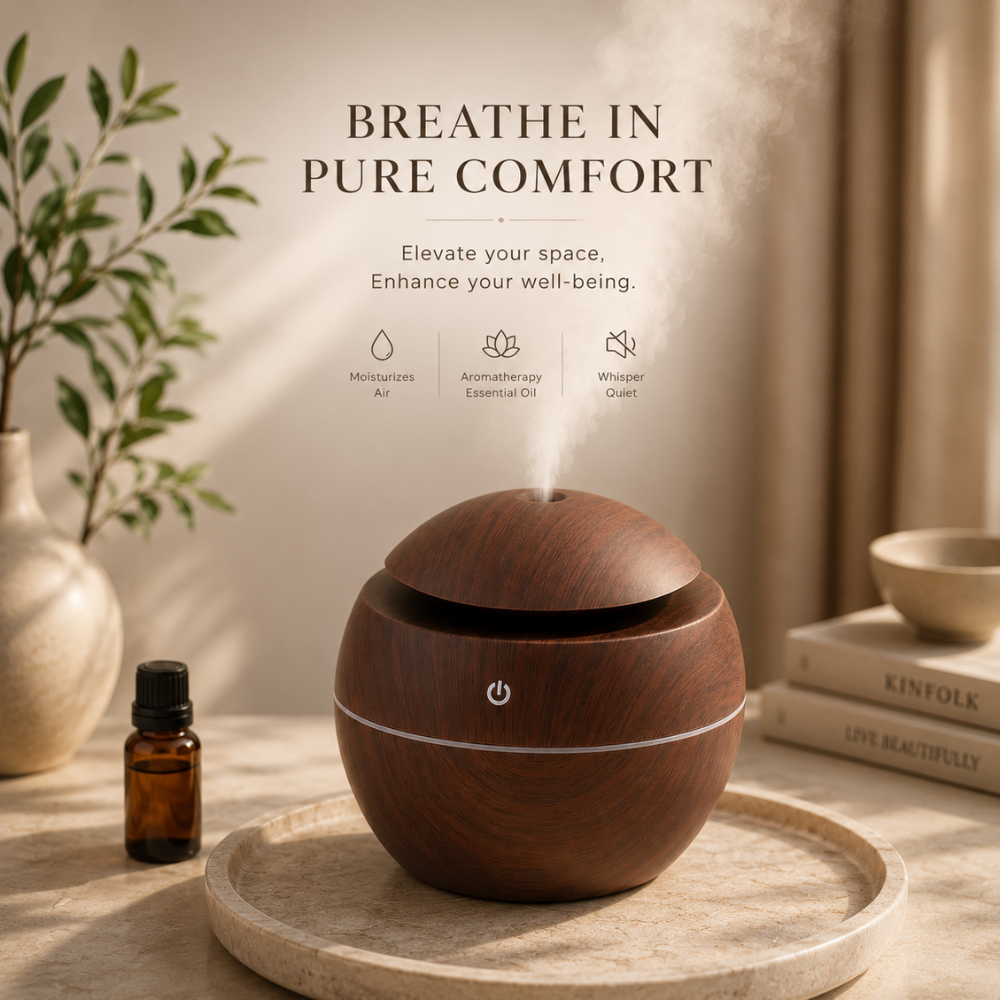 JORSOR Wooden Aroma Diffuser Humidifier with Cool Mist & LED Light – USB Ultrasonic Air Humidifier for Home, Office & Bedroom