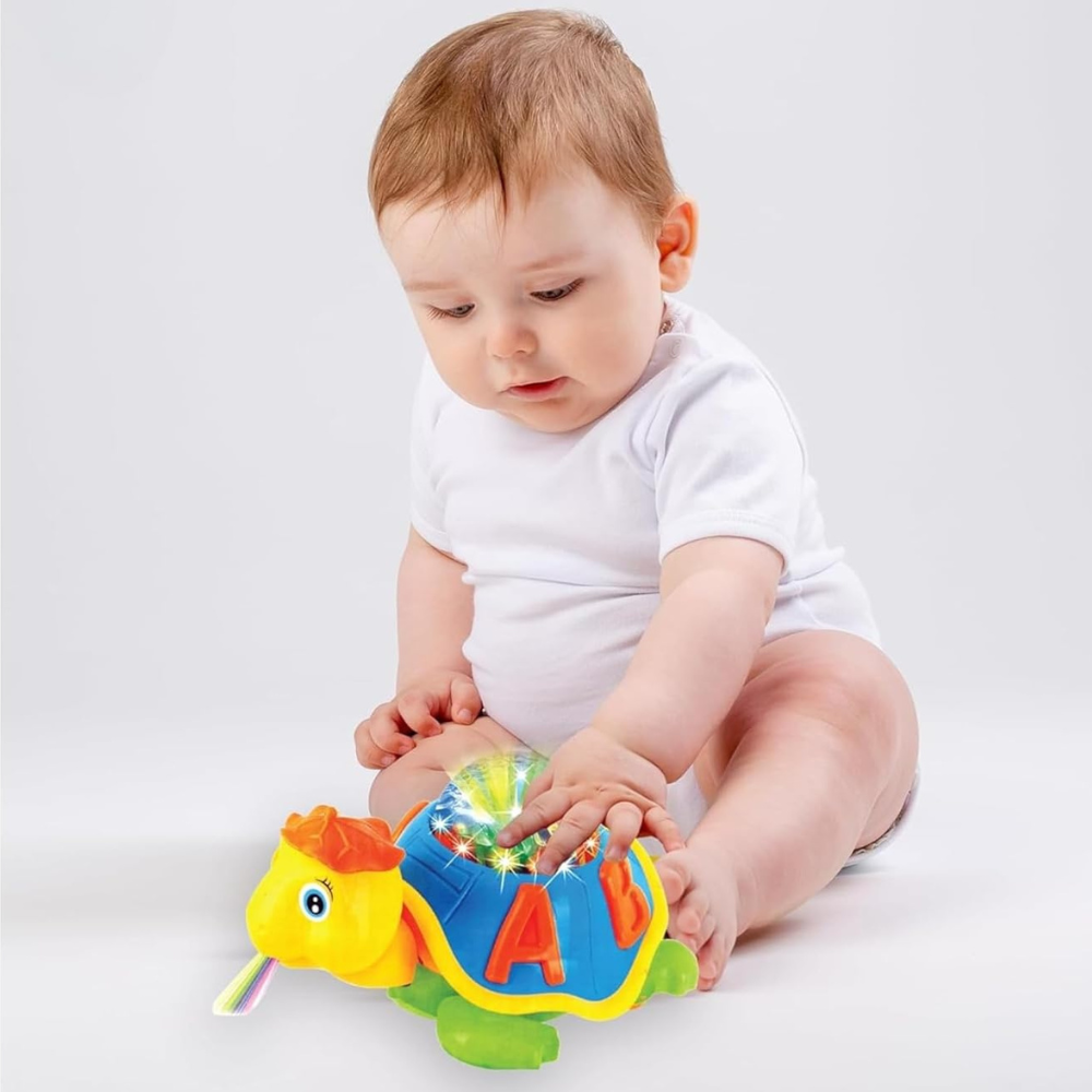 Musical Tortoise Toy with LED Lights – Crawling Turtle Toy with Sound, Colorful Projection Lights, Battery Operated Educational Toy for Kids