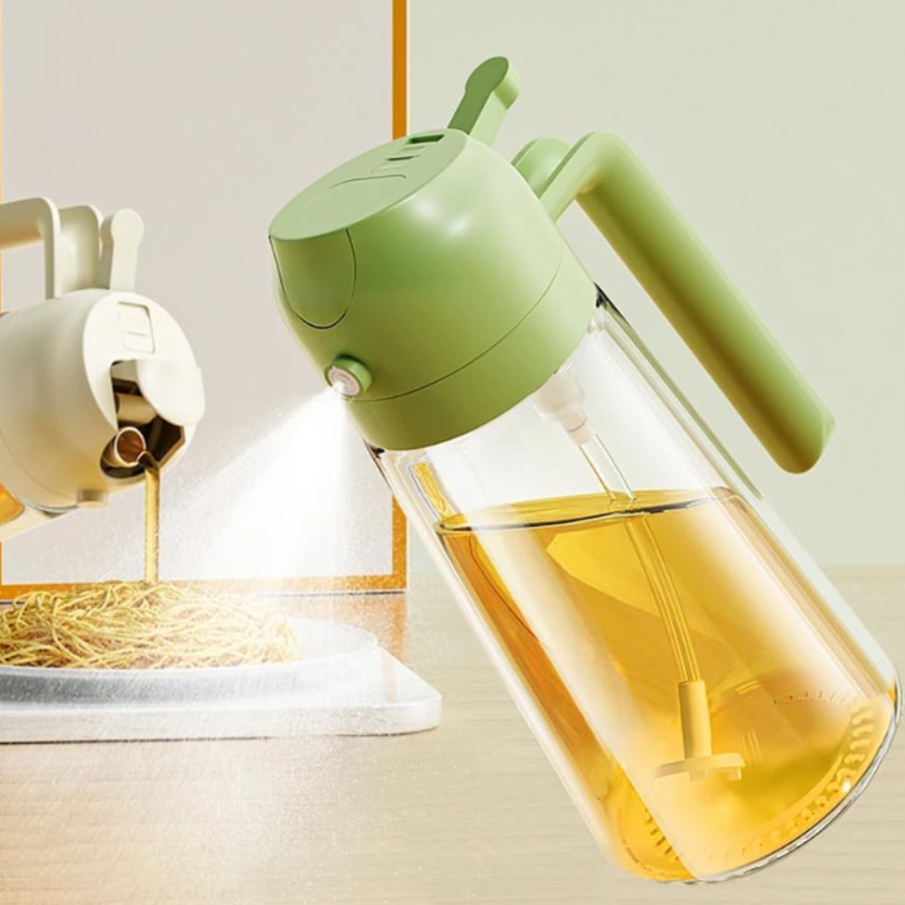 2-in-1 Oil Dispenser Bottle with Spray & Pour Function | Leakproof Glass Oil Sprayer with Free Silicone Basting Brush | Kitchen Cooking Oil Control Bottle for Olive Oil, Vinegar & BBQ