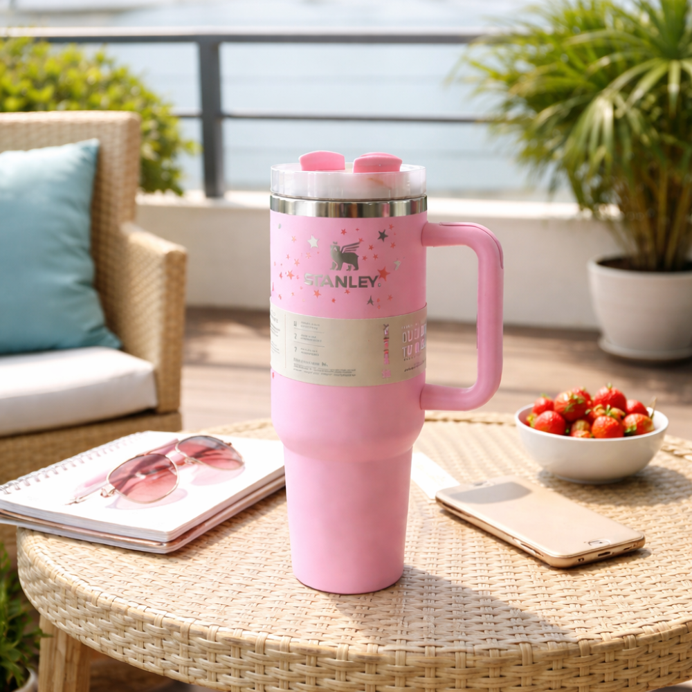 Stanley Quencher H2.0 Blush Pink Star Print  1.18L – Insulated Stainless Steel Travel Tumbler with Handle & Straw