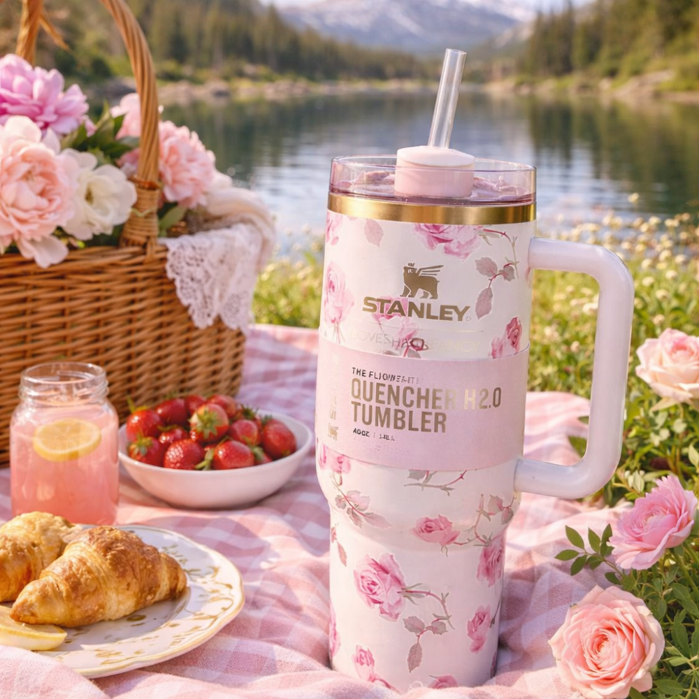 Stanley Quencher White Floral Print Love Shack Fancy Box H2.0 1.18L Insulated Tumbler with Handle & Straw –  Stainless Steel Travel Mug | Hot & Cold Vacuum Flask