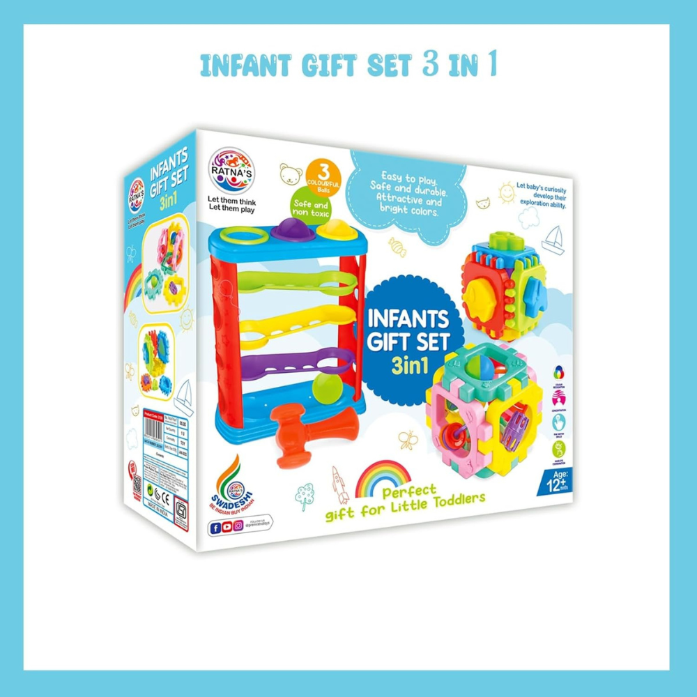 Infants Gift Set 3 in 1 Activity Toy – Baby Learning Cube, Ball Drop Tower and Shape Sorter Educational Toys for Toddlers