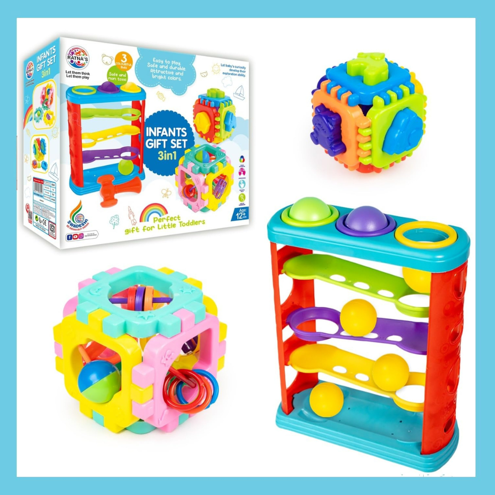 Infants Gift Set 3 in 1 Activity Toy – Baby Learning Cube, Ball Drop Tower and Shape Sorter Educational Toys for Toddlers