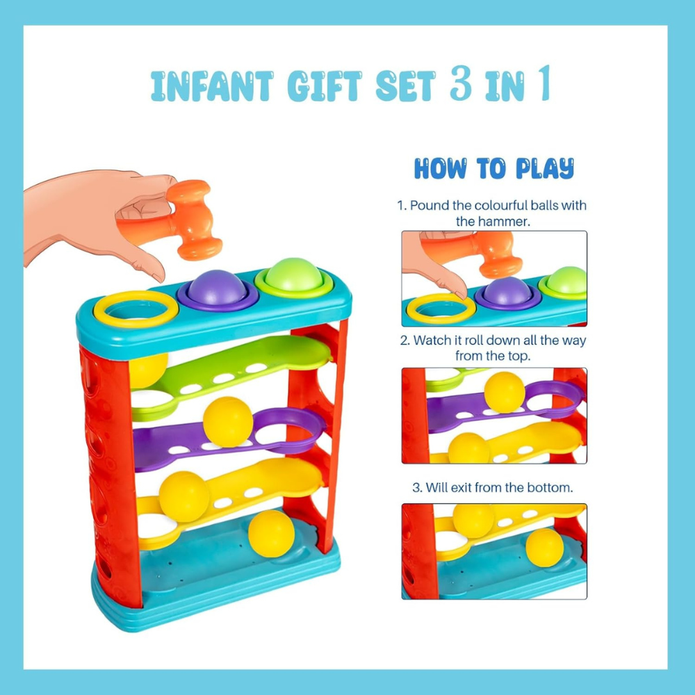 Infants Gift Set 3 in 1 Activity Toy – Baby Learning Cube, Ball Drop Tower and Shape Sorter Educational Toys for Toddlers