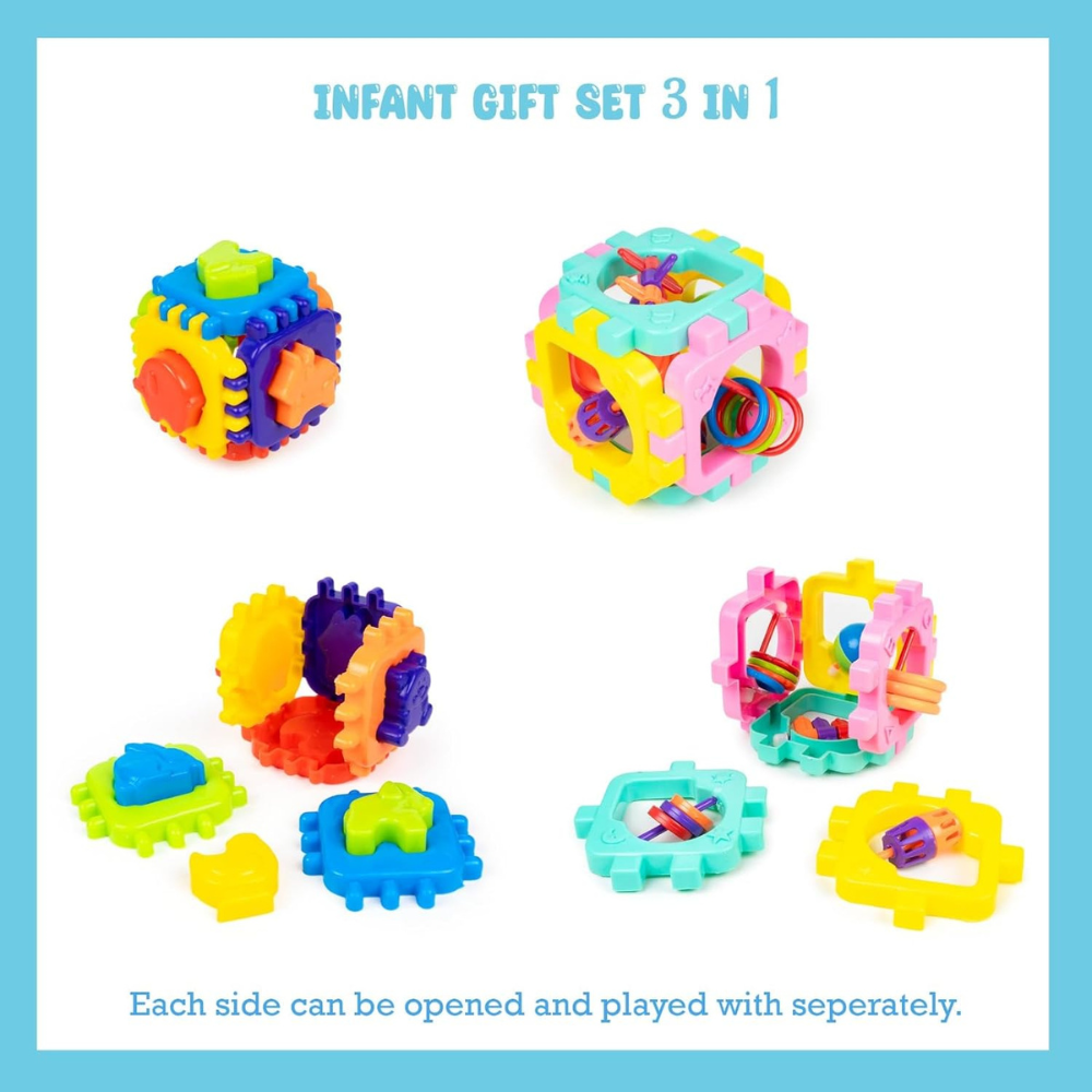 Infants Gift Set 3 in 1 Activity Toy – Baby Learning Cube, Ball Drop Tower and Shape Sorter Educational Toys for Toddlers