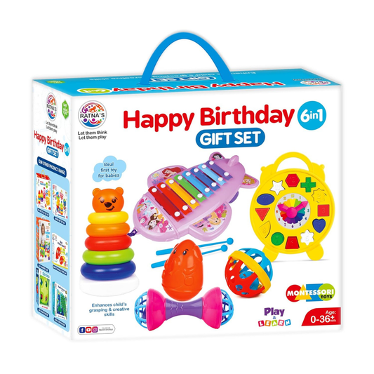 Happy Birthday Gift Set 6 in 1 for Babies – Montessori Educational Toy Combo with Xylophone, Stacking Rings, Shape Sorter, Rattle and Activity Toys for 0–36 Months