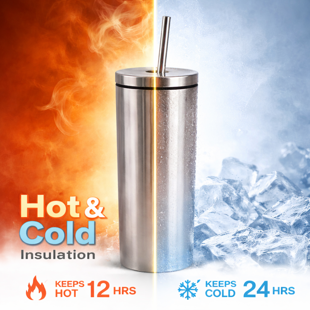 Premium Stainless Steel Vacuum Insulated Bottle 600ml – Reusable Slim Travel Tumbler with Steel Straw