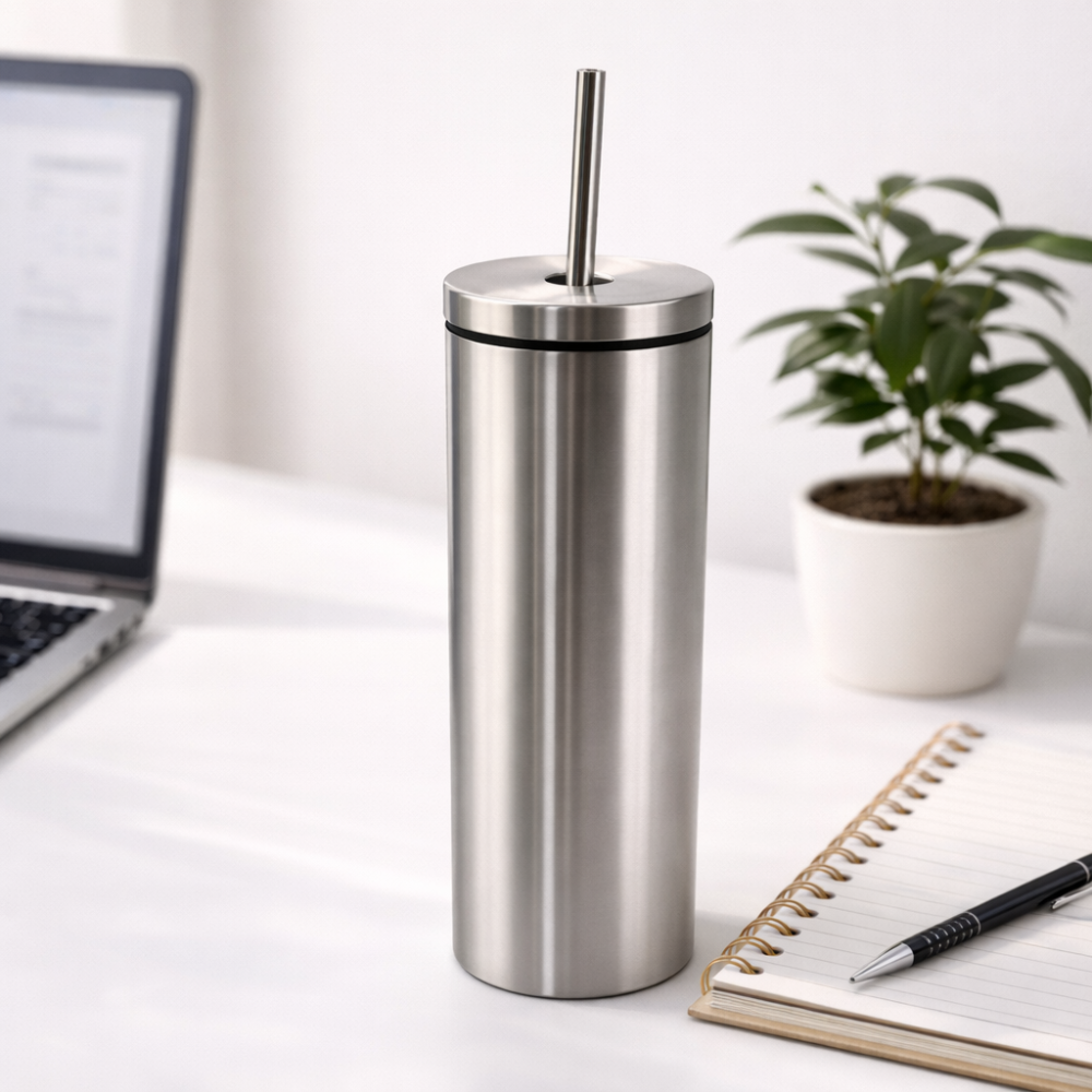 Premium Stainless Steel Vacuum Insulated Bottle 600ml – Reusable Slim Travel Tumbler with Steel Straw