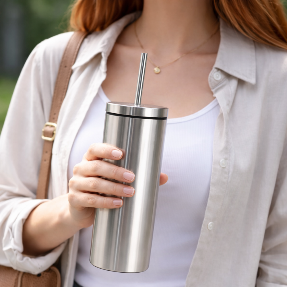 Premium Stainless Steel Vacuum Insulated Bottle 600ml – Reusable Slim Travel Tumbler with Steel Straw