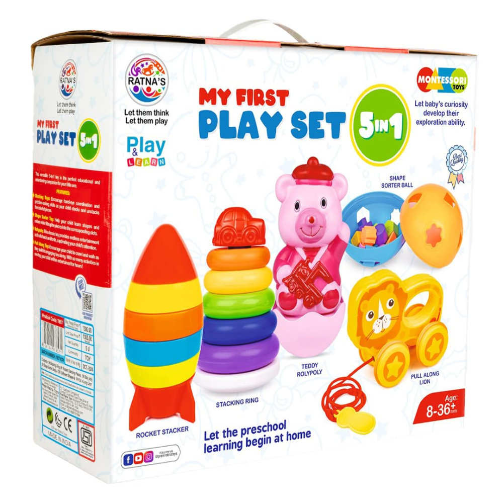 My First Play Set 5 in 1 for Babies – Montessori Educational Toy Combo with Shape Sorter, Stacking Rings, Pull Along Toy and Activity Toys for Toddlers