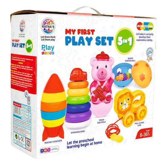 My First Play Set 5 in 1 for Babies – Montessori Educational Toy Combo with Shape Sorter, Stacking Rings, Pull Along Toy and Activity Toys for Toddlers