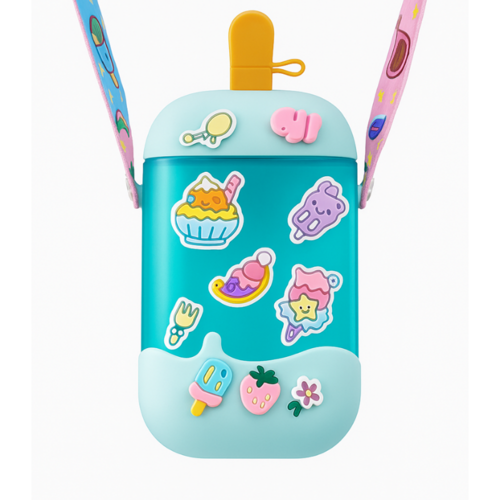 Ice Cream Kids Water Bottle with Straw And Belt 400ml | Cute Cartoon Leakproof Bottle for School, Travel & Outdoor
