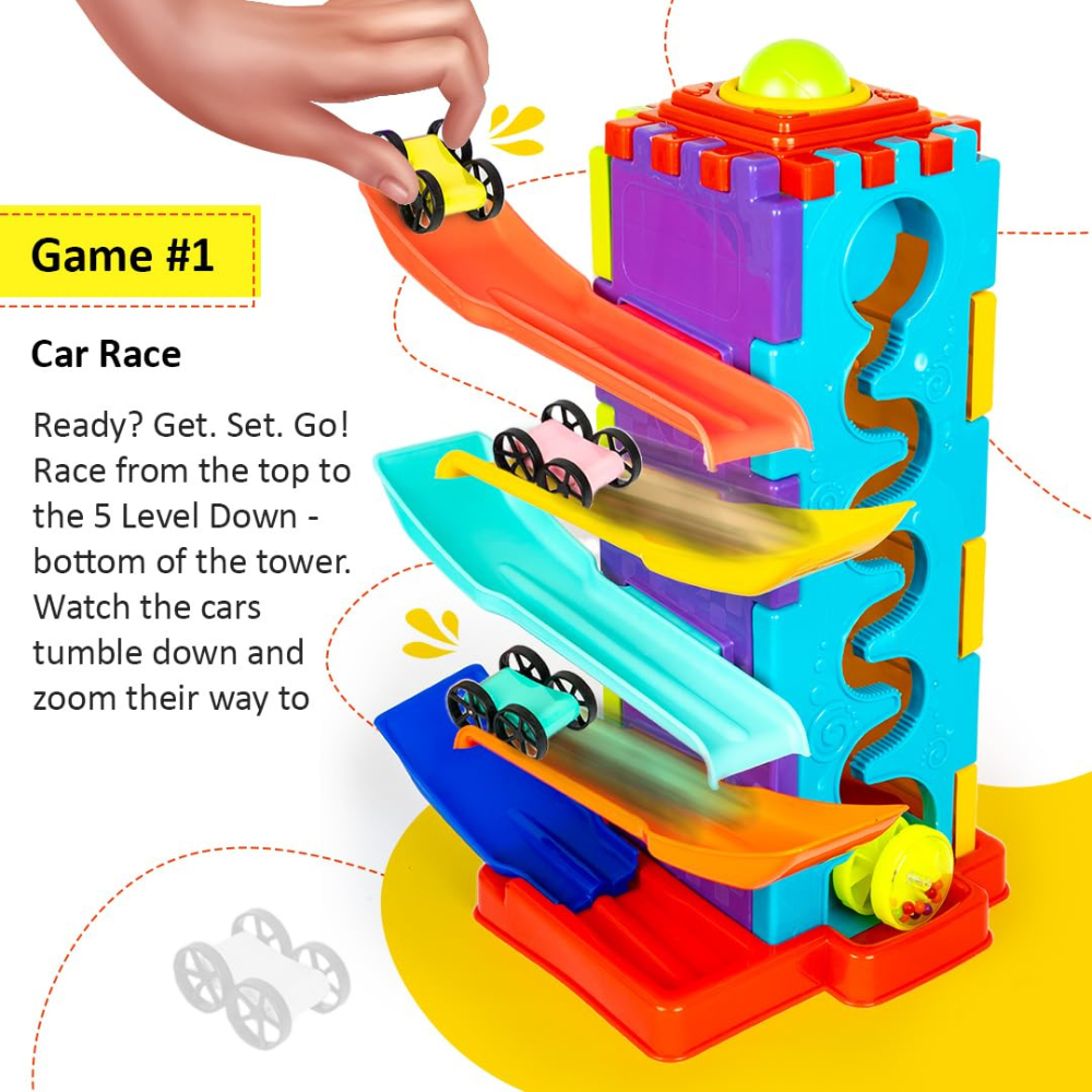 Activity Tower 5 in 1 Gift Set for Kids – Car Ramp Track, Shape Sorter, Ball Drop and Interactive Learning Toy for Toddlers