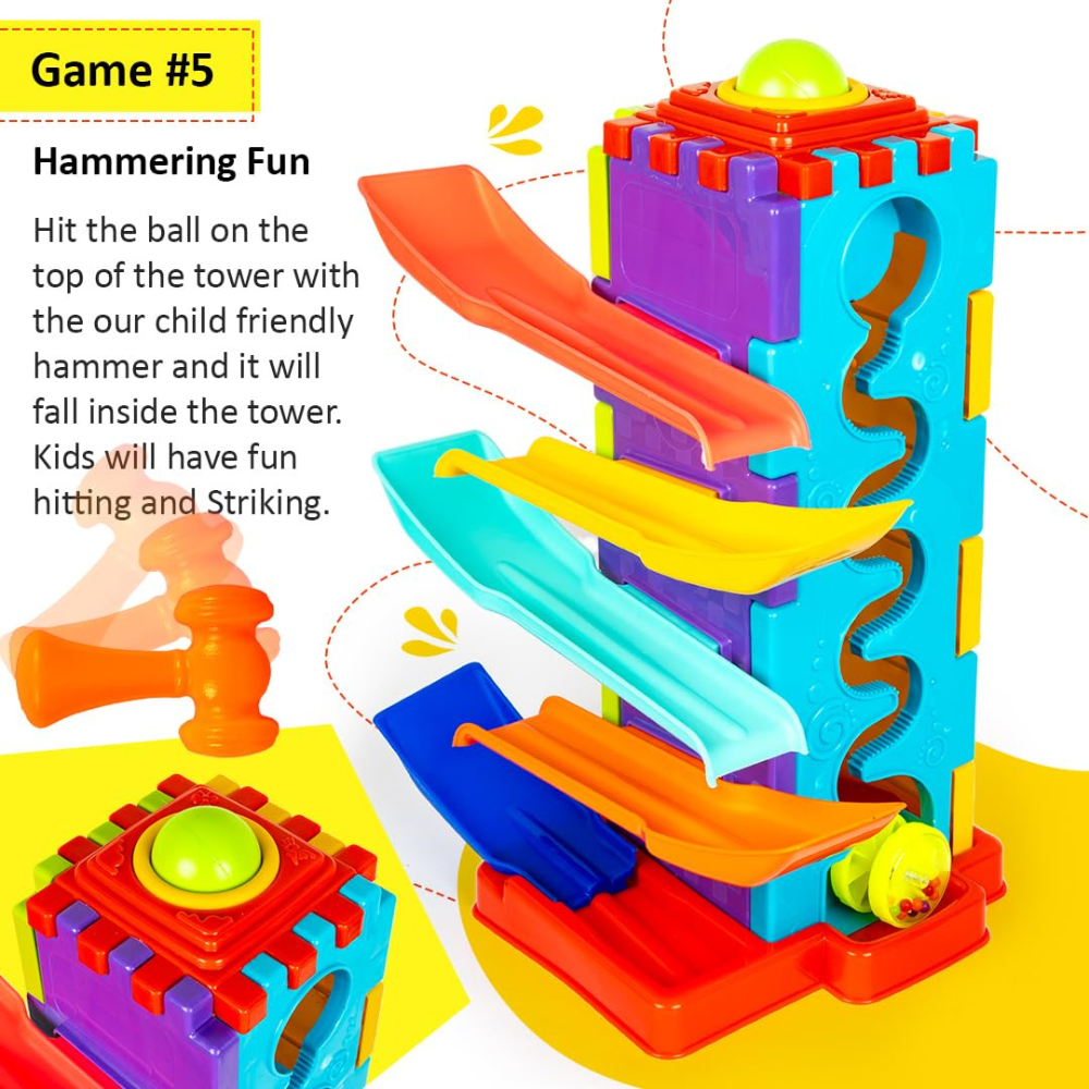 Activity Tower 5 in 1 Gift Set for Kids – Car Ramp Track, Shape Sorter, Ball Drop and Interactive Learning Toy for Toddlers