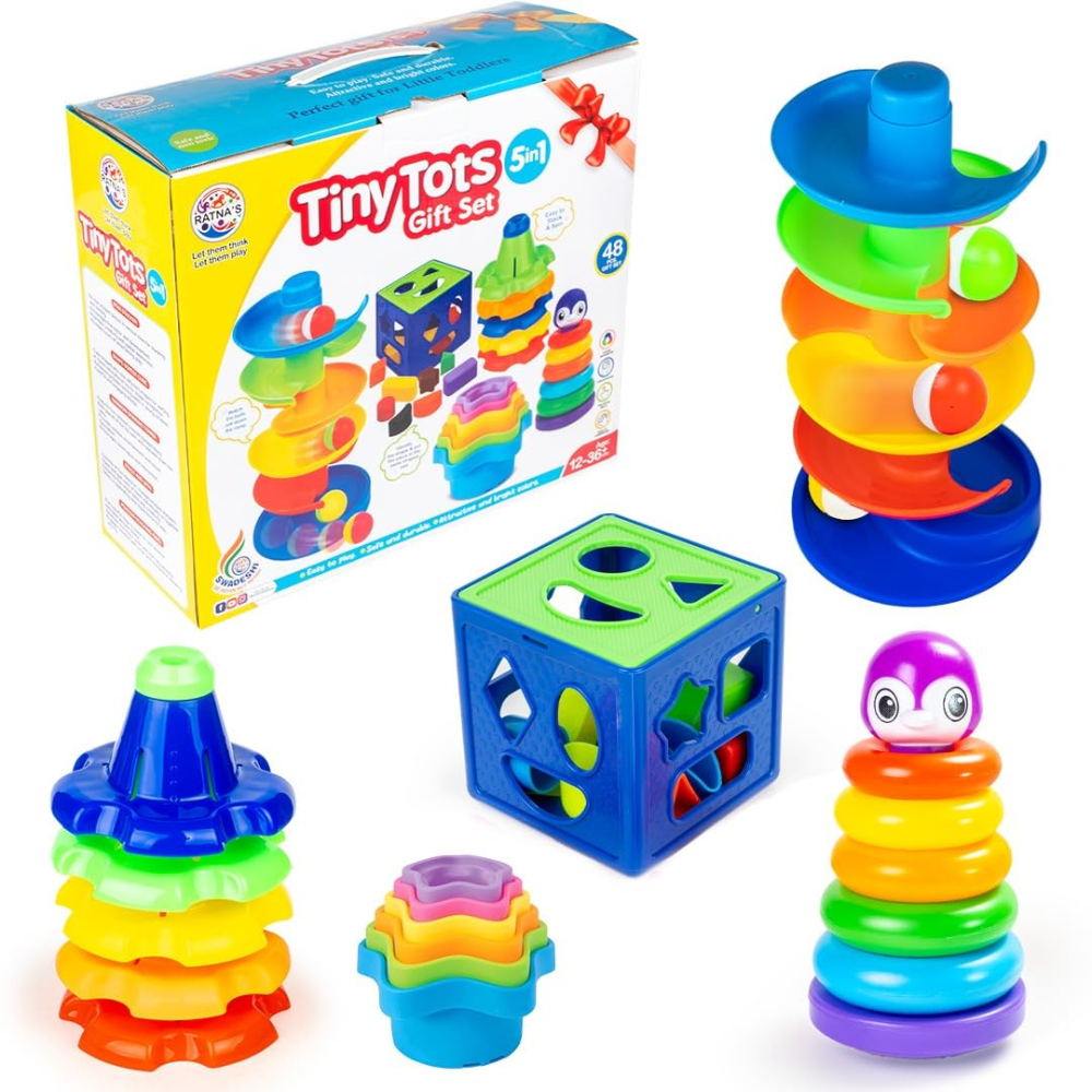 Tiny Tots 5 in 1 Gift Set for Babies – Montessori Learning Toy Combo with Ball Drop Tower, Shape Sorter, Stacking Rings and Activity Toys for Toddlers