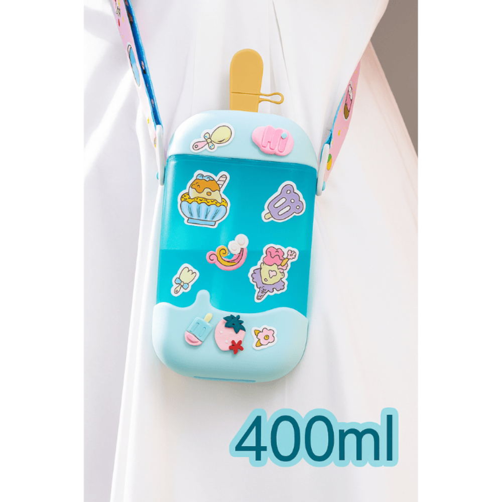 Ice Cream Kids Water Bottle with Straw And Belt 400ml | Cute Cartoon Leakproof Bottle for School, Travel & Outdoor