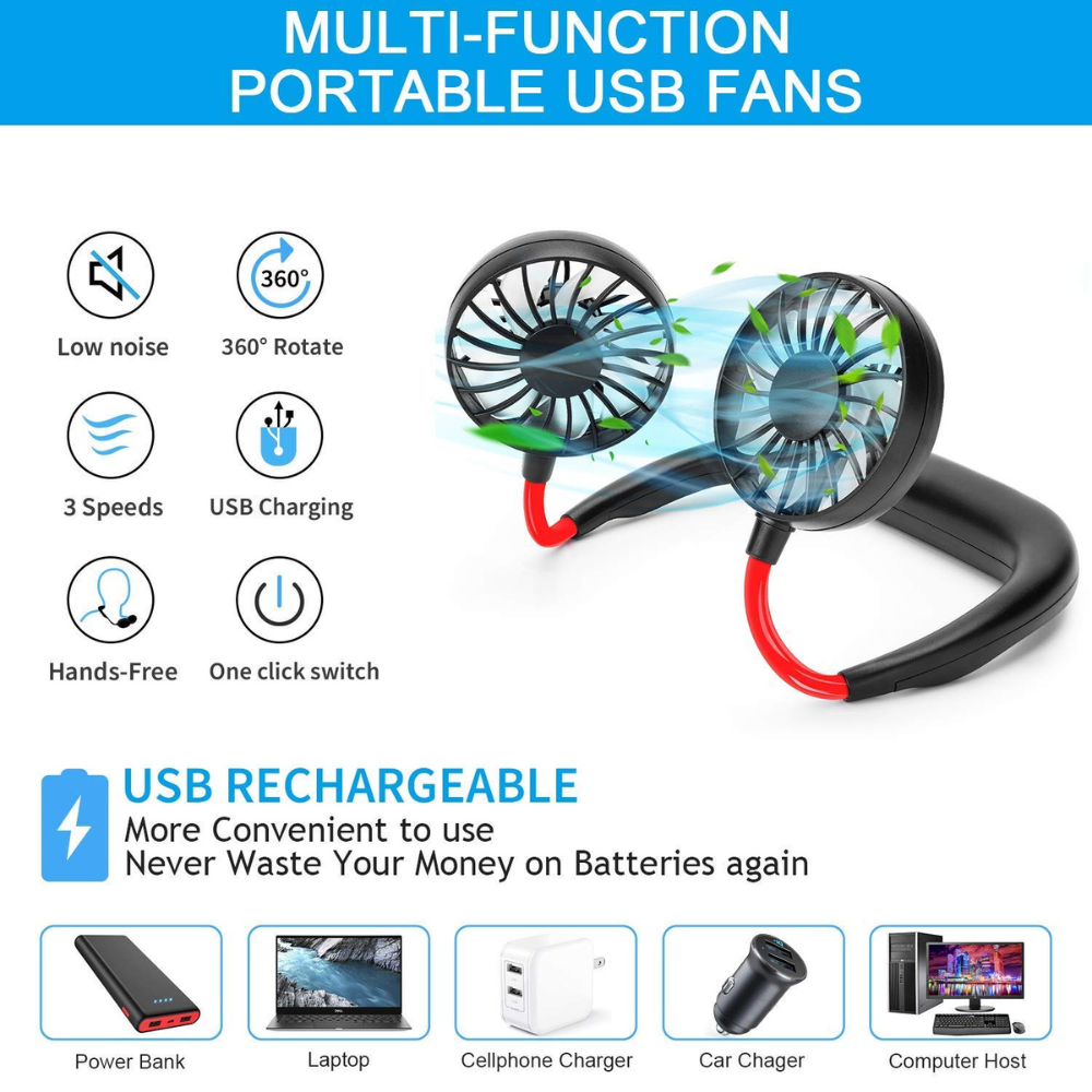 Wearable Sport Neck Fan | USB Rechargeable Hands-Free Portable Cooling Fan for Travel, Gym, Office & Outdoor